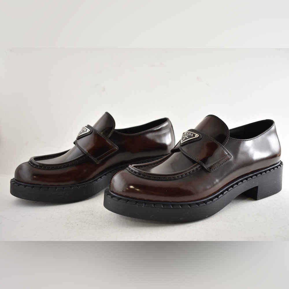 Prada Triangle Logo Fume Brown Black Platform Loafer Creeper Slip On Flat 41.5 - Picture 13 of 15